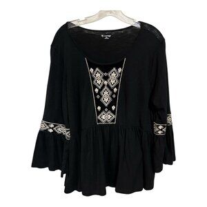 New Directions Petite PXL Black Embroidered Tunic Top Boho Long Sleeve
